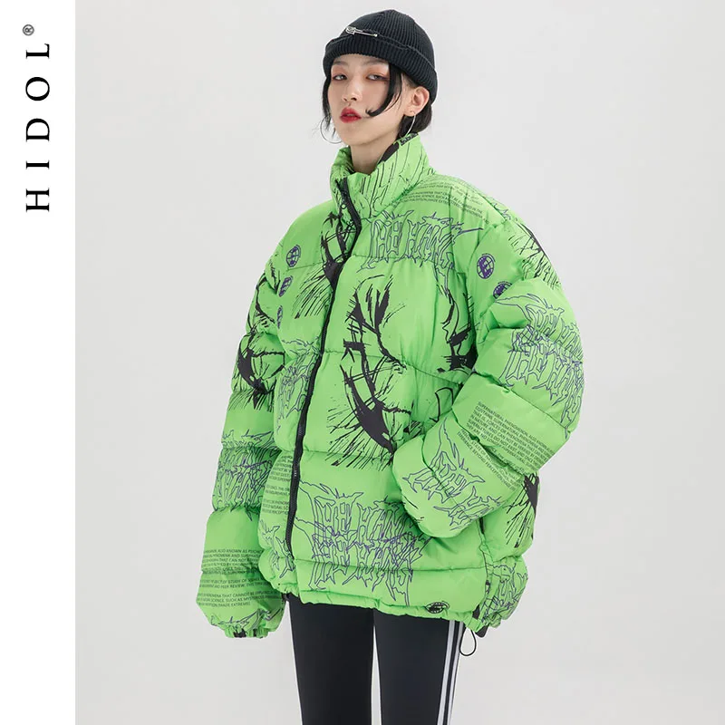 Winter Dikke Anime Graffiti Patroon Parka Jassen Karakter Print Rits Jas Vrouwen Hip Hop Swag Straat Outer Bovenste Groen/ zwart Winter Dikke Anime Graffiti Patroon Parka Jassen Karakter Print Rits Jas Vrouwen Hip Hop Swag Straat Outer Bovenste Groen/ zwart