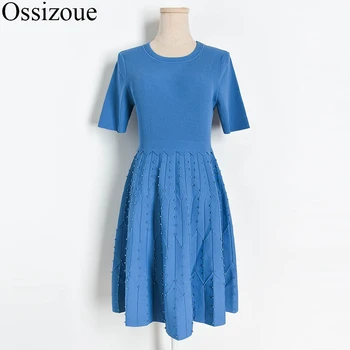 

2020 Vintage Pleated Dress O-neck Knitted Short Sleeve Summer Slim Elegant Dress Luxury Beading Party High Quality Empire Dress
