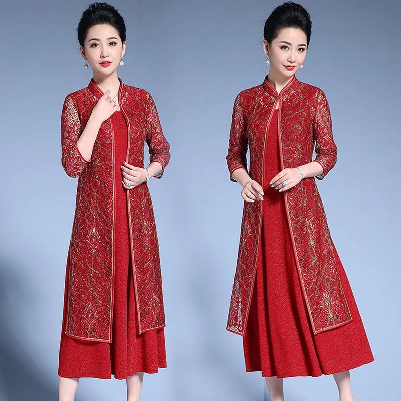 Весенне-осеннее винтажное китайское женское кружевное платье Qipao с воротником-стойкой, с блестками, 5xl красное блестящее платье чонсам, комплект для женщин