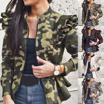 

Women Long Sleeve Open Front Camouflage Print Ruffles Zip Casual Jacket Coat 2020