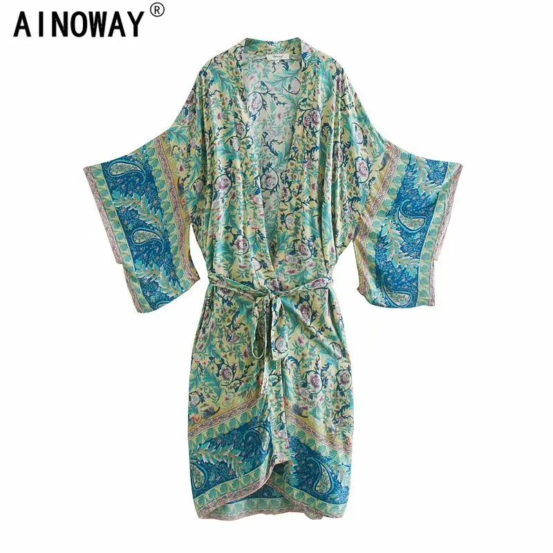 Bohemian Kimono Boho Dress Robe Batwing-Sleeves Floral-Print Chic Vintage V-Neck Women