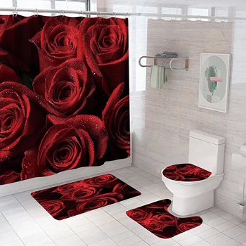 Red Rose Flowers Pattern Shower Curtain Set With Rugs Waterproof Bathing Screen Anti-Slip Toilet Lid Cover Rugs Bathroom Décor 5