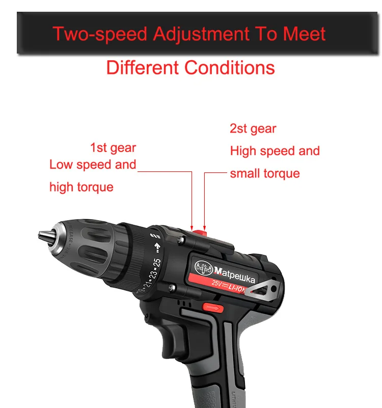 25 В мощность инструмент ручной электрические сверла литиевых Аккумуляторная дрель бытовой перезаряжаемый электрошуруповерт 2 батареи +