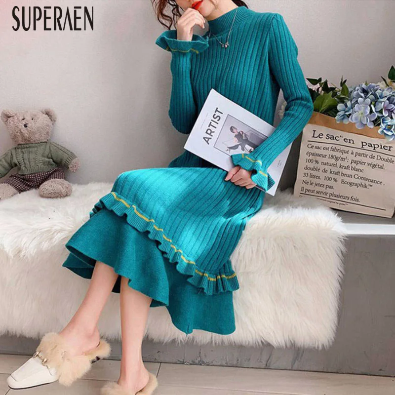 

SuperAen Autumn and Winter Korean Style Knit Dress Women 2019 Slim Fashion Ladies Dress Long Sleeve Solid Color Women Clothing