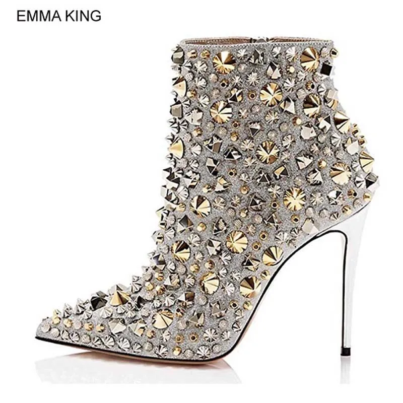 

Autumn Sexy Sliver Studs Ankle Boots For Women Glitter Zip Stiletto High Heels Ladies Booties Sexy Pumps Party Shoes Woman