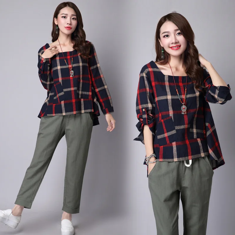 

2018 New Style Autumn Clothing Large Size Cotton Linen Versatile Plaid Long-sleeved T-shirt Tops