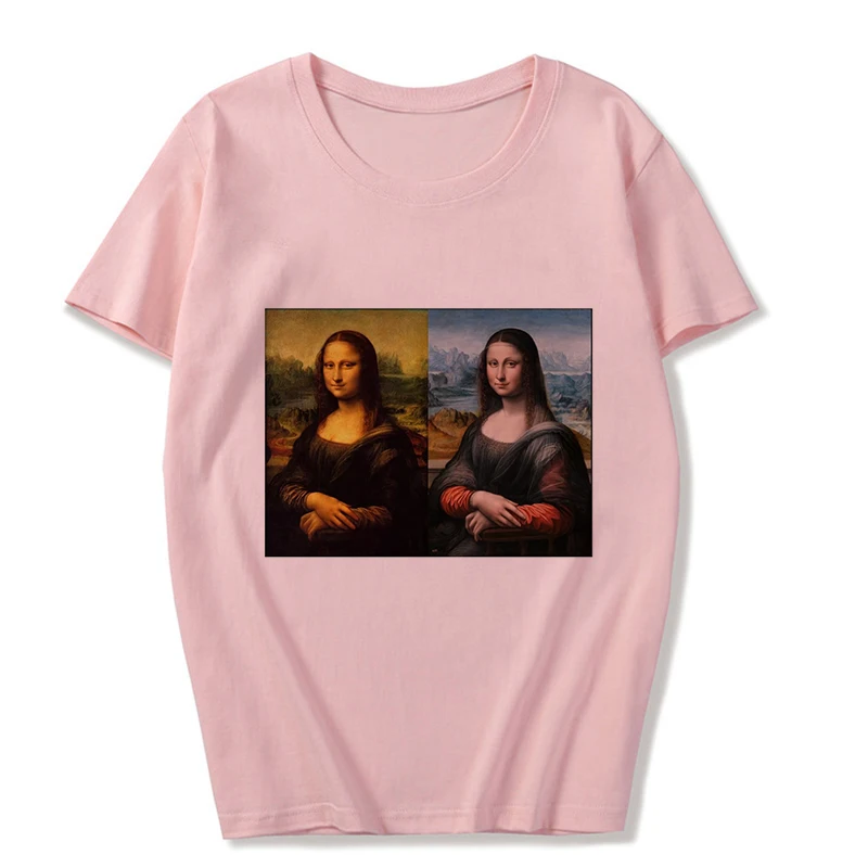 Летняя Новинка Mona Lisa And Van Gogh Забавный принт Повседневная индивидуальная эстетика уличная одежда спортивный костюм розовый Vogue Женская футболка