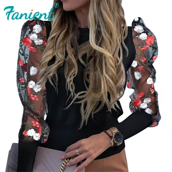 

Lady Lantern Sheer Mesh Sleeve Blouse shirts Women Autumn Polka Dot Print Blusa Pullovers Elegant See Through Tops Sexy Floral