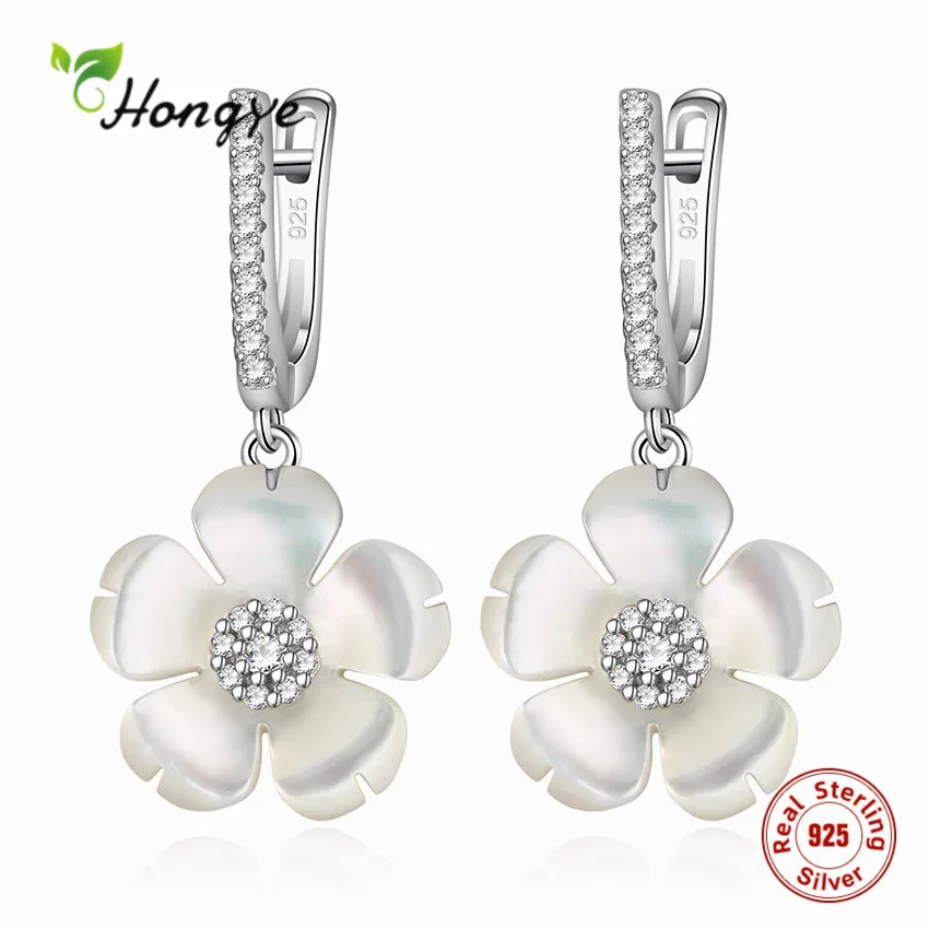 

Hongye 925 Sterling Silver Flower Drop Earings AAA Zircon Trendy Shell Pearl Anti-allergy Fine Jewelry For Female Party Birthday