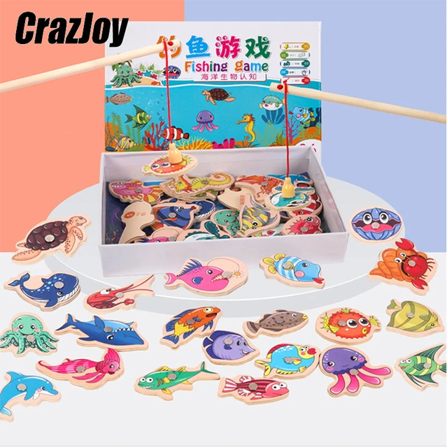 Interactive Wooden Magnetic Fishing Game Cartoon Marine Life Cognition Fish Rod Toys for Children Early Educational Parent-child 1