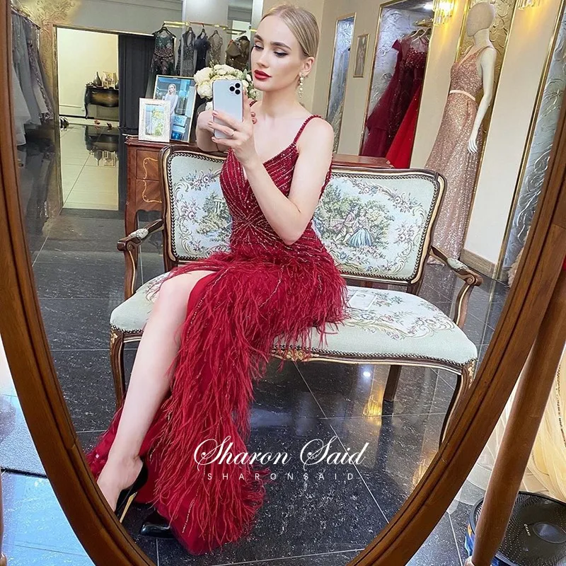 Luxury Gown Beaded Floor Length Feathers Evening Dress JKP4836