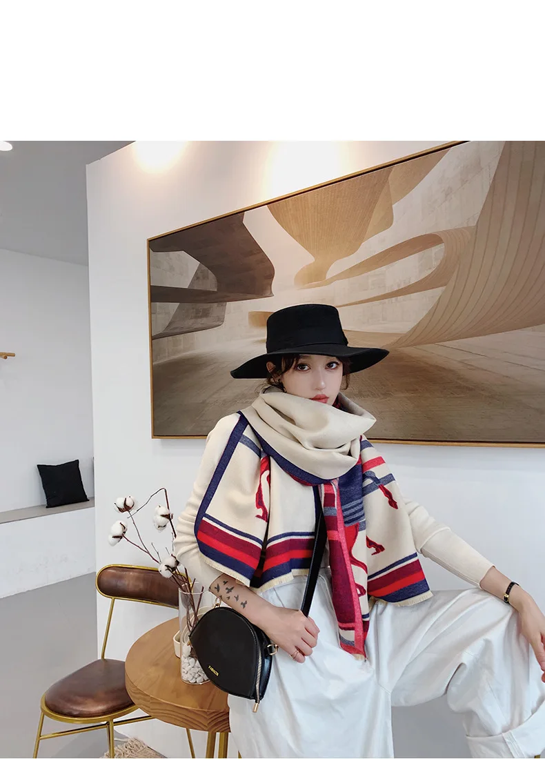 Брендовый дизайнерский шарф с принтом лошади для женщин, новинка года, зимний кашемировый толстый теплые шали и обертывания, палантин из пашмины