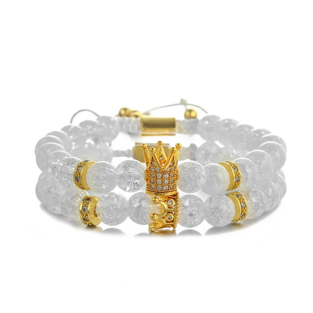 8mm White Stone Beads Bracelet 2pcs/Set Mens Jewellery CZ Crown Charm Bracelets For Women Fashion Armband Cuff bracelet jewelry