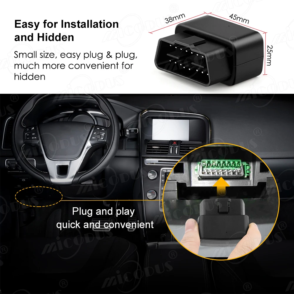 미니 obd gps 트래커 자동차 트래커 micodus 2g mv33 mv66 실시간 추적 음성 모니터 gps 충격 및 플러그 아웃 알람 지오펜스 무료 앱