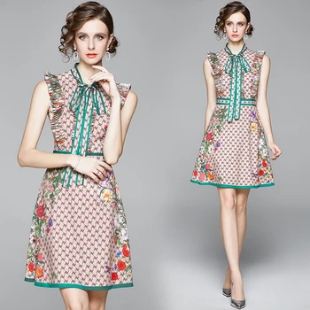 

2020 Summer Newest Runway Designer Bowknot Dress Women's sleeveless Shirt Collar Floral Letter Printed Khaki Mini Dresses