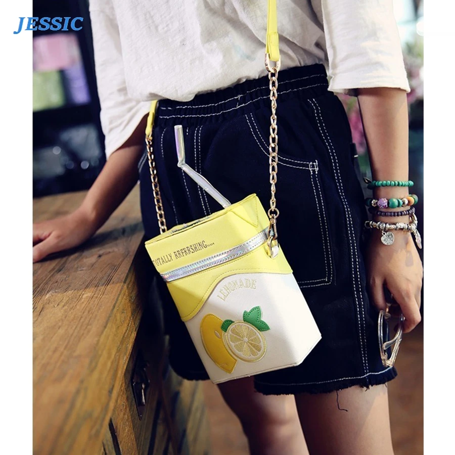 

JESSIC Fun Personality Strawberry Lemon Straw Milk Box Style Chains Bags Women Messenger Shoulder Bag Ladies Purse Bag