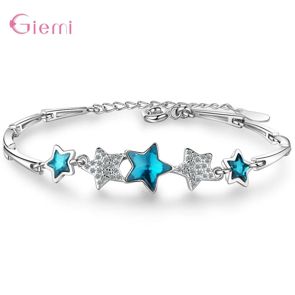 Горячая 925 пробы Серебряный Синий пятиконечная звезда браслет искусственный кристалл браслет для женщин девушек темперамент браслет