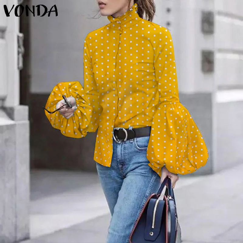 

Vintage Dot Polka Printed Blouses Women Tops VONDA 2020 Women Casual Turn Down Neck Long Sleeve Elegant Shirts Plus Size Blusas