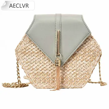 

Hexagon Mulit Style Straw+leather Handbag Women Summer Rattan Bag Handmade Woven Beach Circle Bohemia Shoulder Bag New Fashion