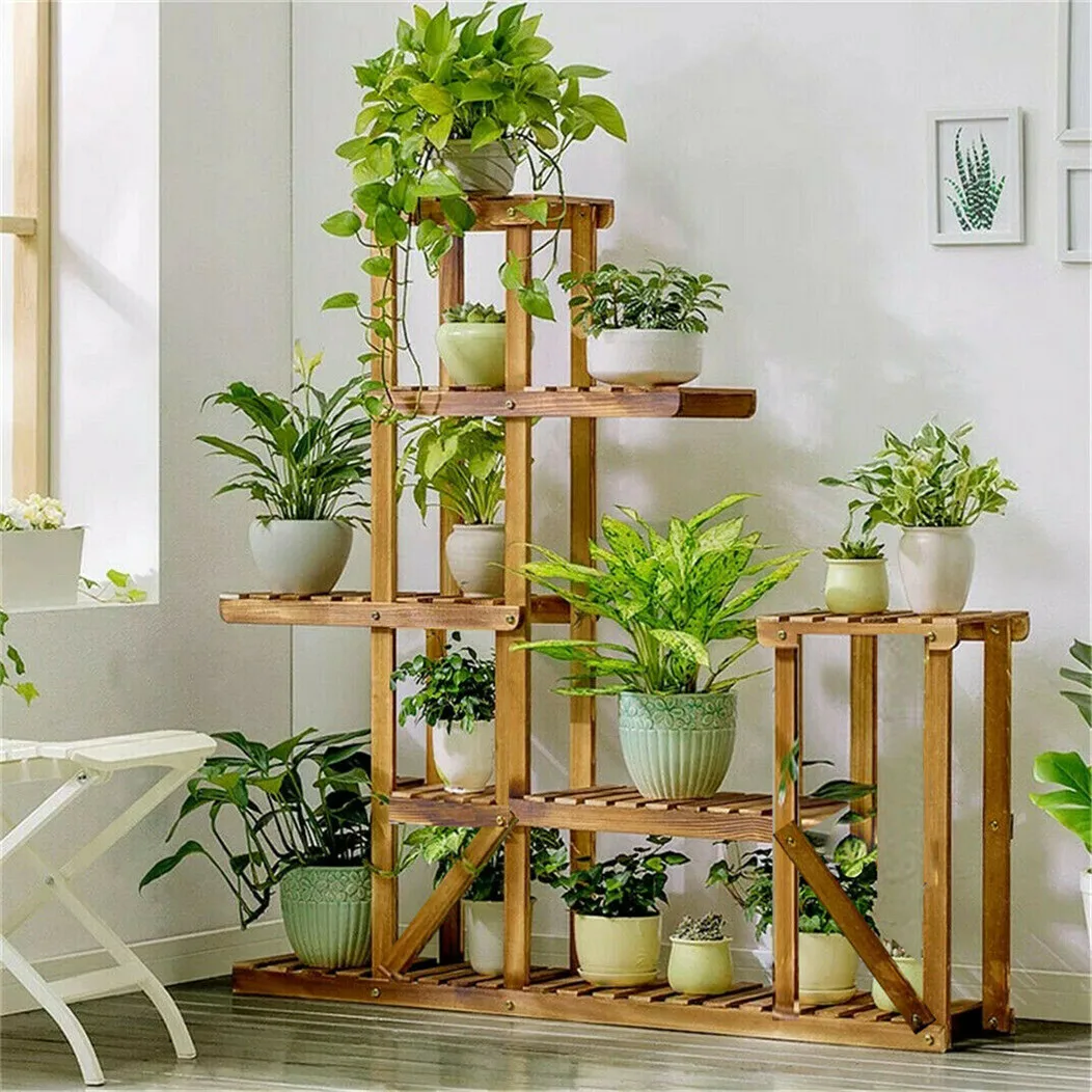 6 Tiered Wood Plant Flower Stand Shelf Planter Pots Shelves Rack Holder Display for Multiple Plants Indoor Outdoor Garden Patio