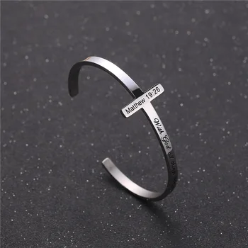 

Custom Made 6mm Width Stainless Steel Cross Cuff Bangles Religious Belief Personalized Engraved Letter Bracelets Women Jewelry