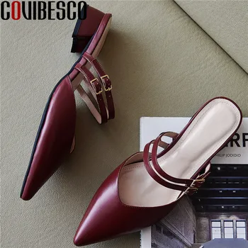 

COVIBESCO Women Comfortable Mules Genuine Leather Slippers Thick Heel Pointed Toe Basic Shoes Sandals Thick Heels Shoes Woman