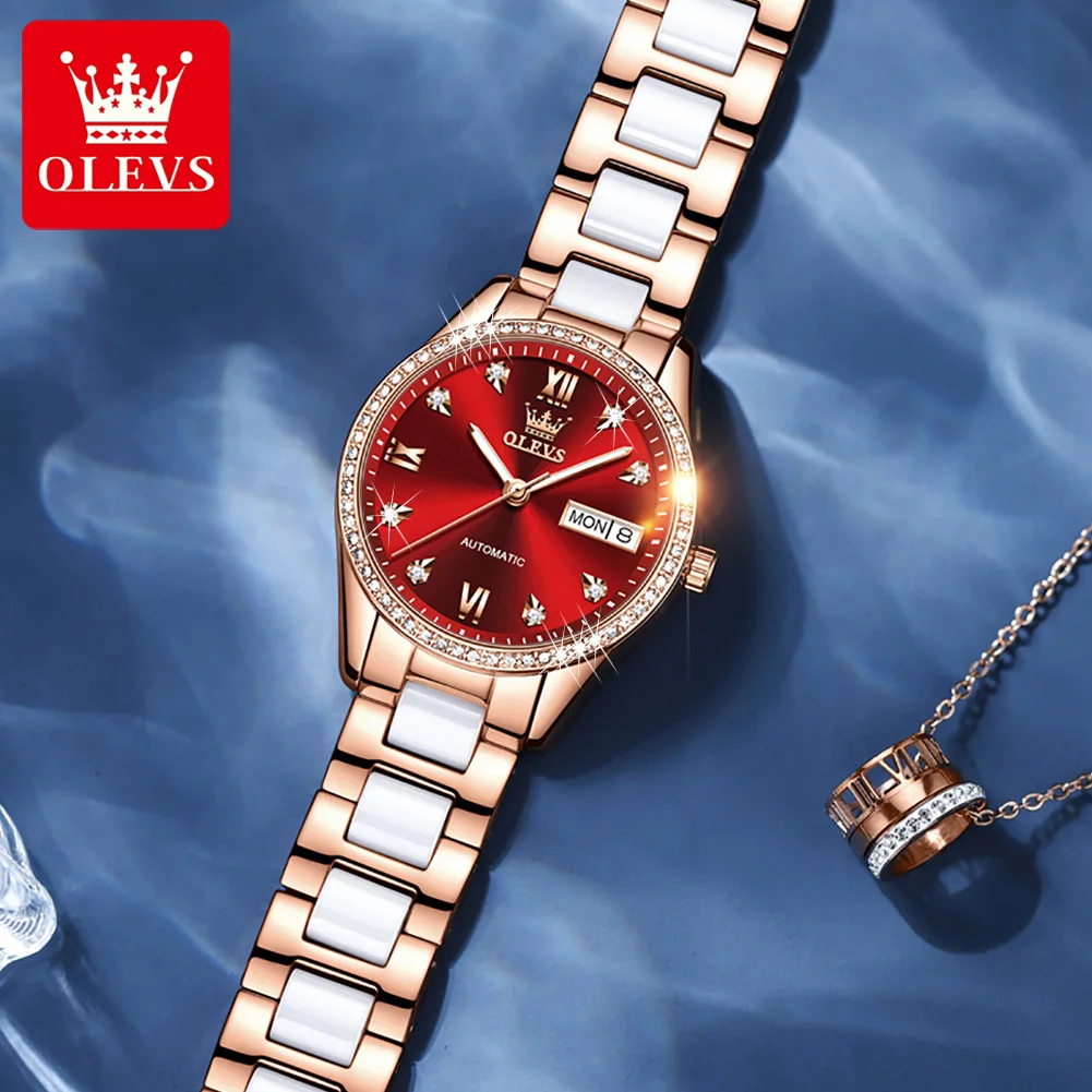 

OLEVS Automatic Watch for Women Luxury Brand Ceramic Steel Strap Mechanical Watch Diamond Waterproof Female Clock Montre Femme