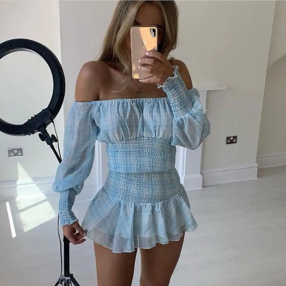 

2019 Women Long Sleeve Pleated Ruffles Off Shoulder Beach Dress