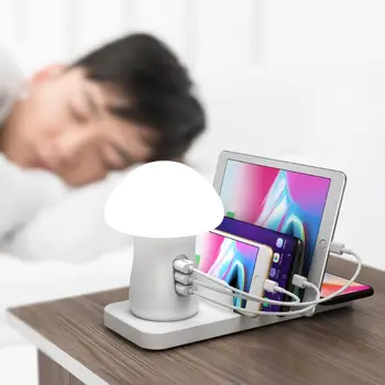 

3 Port USB Fast Charging Station QC 3.0 Quick Charge Dock Mushroom LED Lamp Wireless Charger for iphone Samsung Smart Phones Tab
