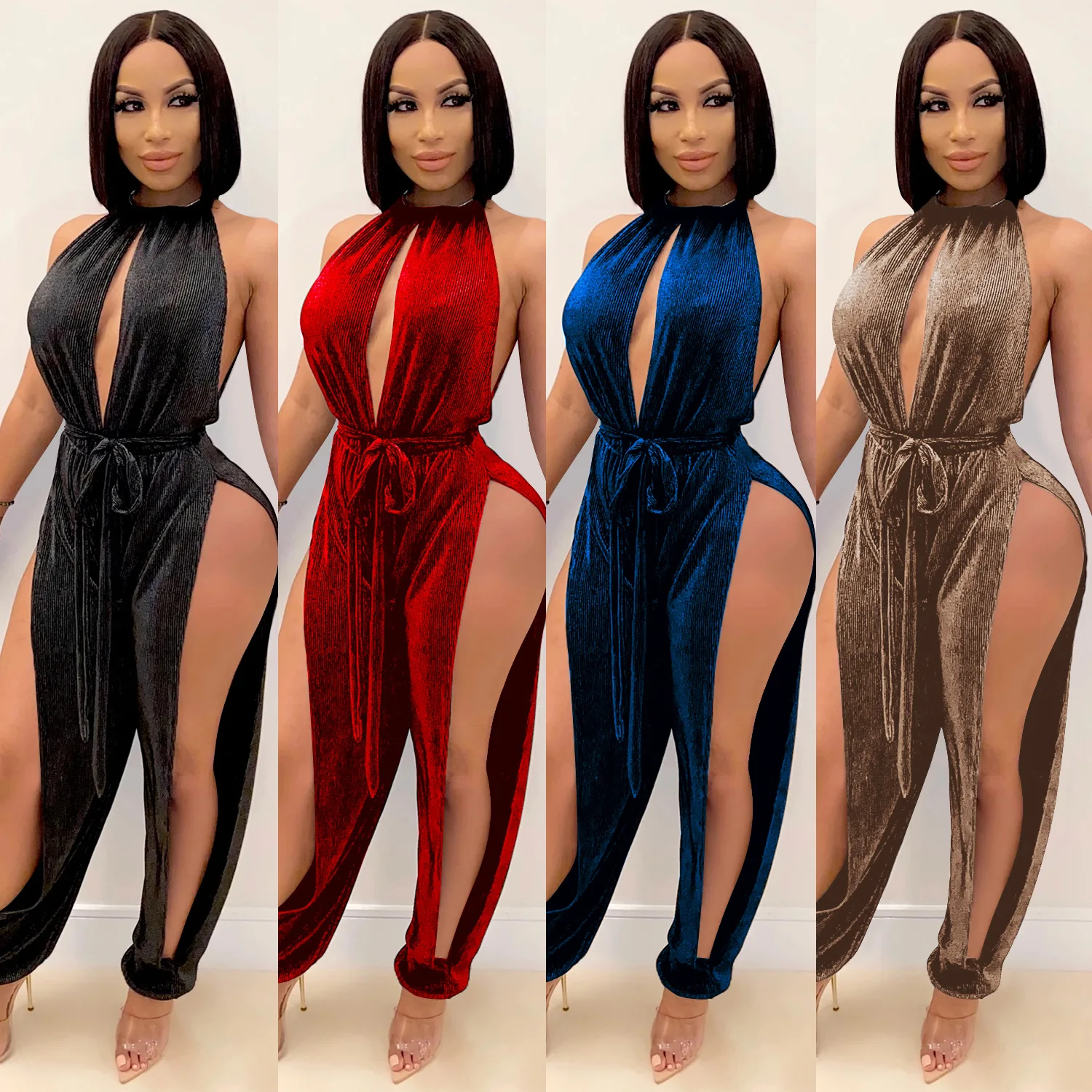 

Sexy Velet High Split Jumpsuit Woman Sleeveless Halter High Waist Bodycon Rompers One Piece Outfits Night Club Party Wear