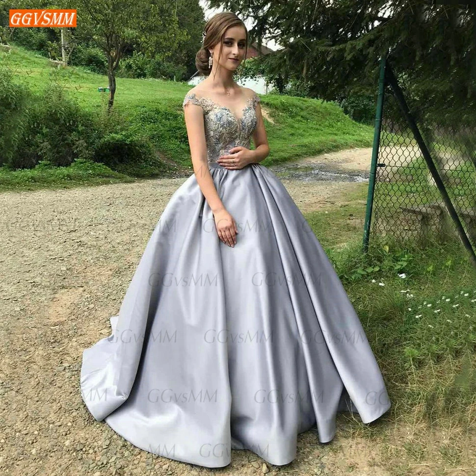 

Fashion Silver Gray Prom Dresses Long 2020 O Neck Lace Appliqus Satin Ball Gown Women Dress Formal Gala Custom Made Robes De Bal