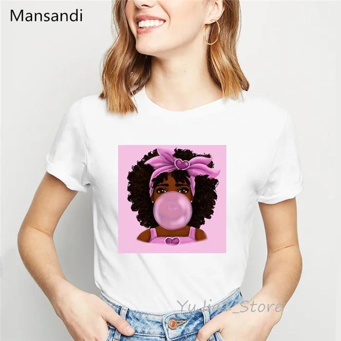 Милая Черная футболка с принтом в виде пузырчатой резинки, вьющиеся волосы, женская рубашка из меланина, летняя одежда harajuku kawaii, топ, белая женская футболка - Цвет: Y72357