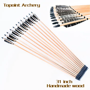 

12Pcs 31Inch Archery Wooden Arrows with 5 Inch Real Turkey Feather Bow and Arrow Recurve Bow Hunting Archery