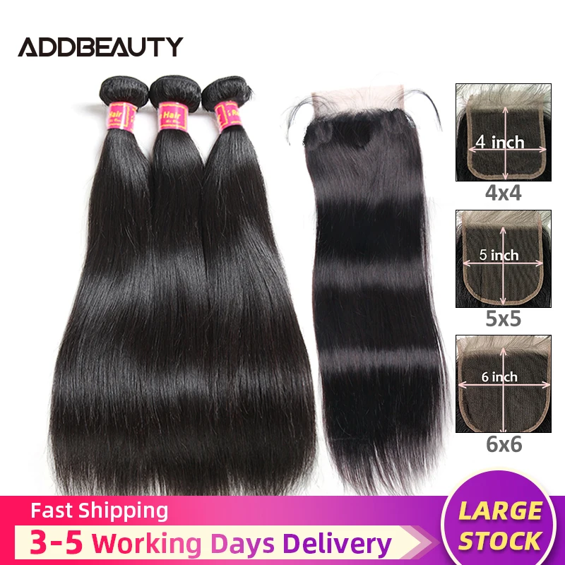 Addbeauty прямые 3/4 пучки с кружевной застежкой 10 &quot 28&quot бразильские волосы Remy HD