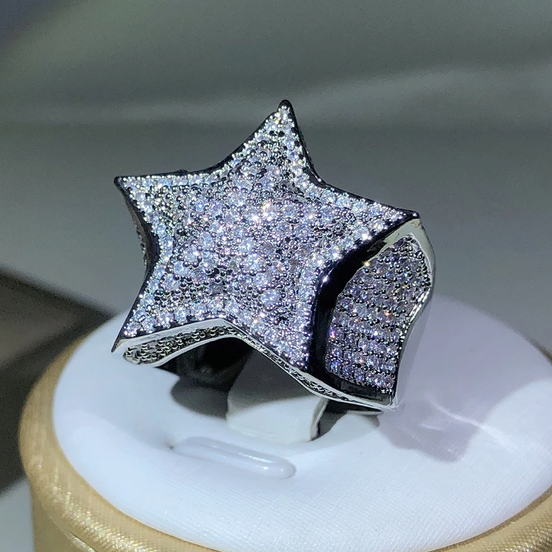 925 Silver High Quality Hip Hop Big Five Star Ring For Women Pave Setting Zircon Ring Party Cookic Jewelry Gift