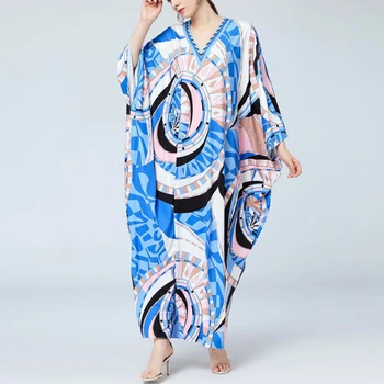 

Knitted Maxi Spring And Autumn New Women'S Clothing Party Casual Outing Beach Sexy V-Neck Blue Print Loose Floor-Length Dress