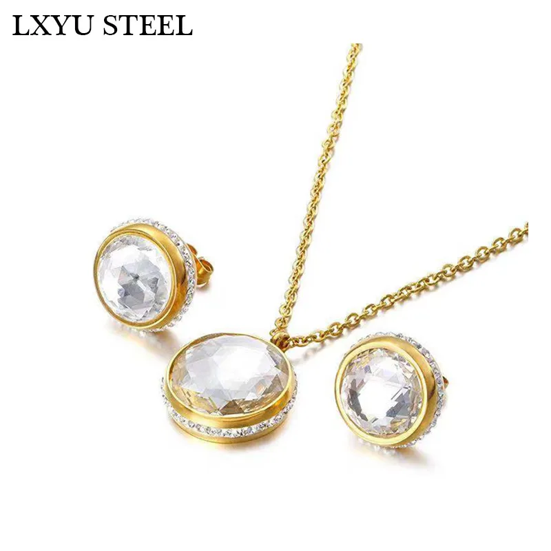 

High Quality Cubic Zirconia Jewellery Stainless Steel Necklace Earrings Jewelry Sets Women Wedding Accessories