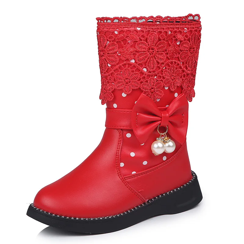 Г. Зимние ботинки для девочек модные милые зимние ботинки принцессы на молнии с бантом для девочек Теплые детские ботинки из искусственной кожи размер 27-37 - Цвет: Красный