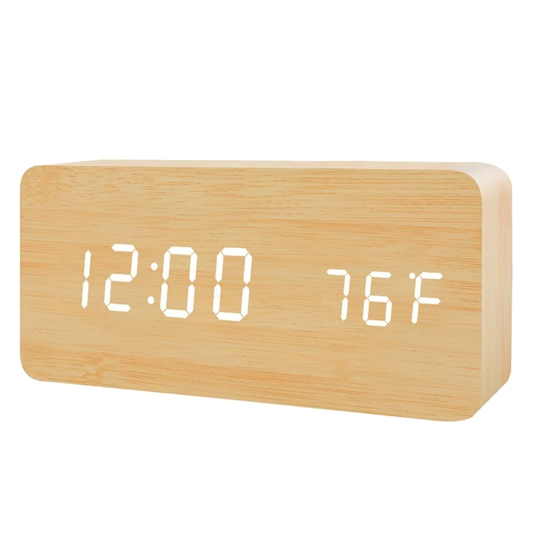 Digital Alarm Clock, Adjustable Brightness Voice Control Desk Wooden Alarm Clock, Large Display Time Temperature/Date/USB/Batter