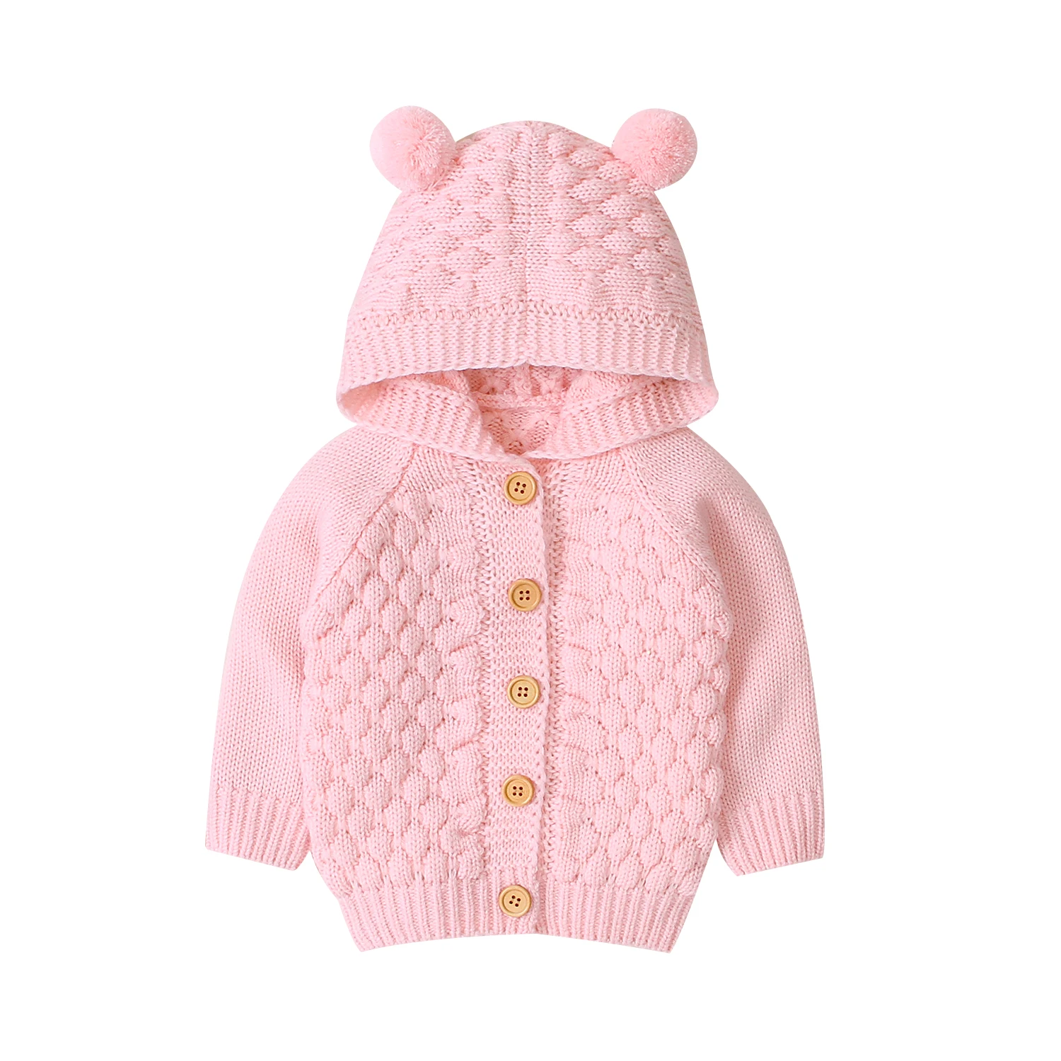 Вязаный свитер для маленьких девочек, пуловер с капюшоном, теплое пальто, одежда - Цвет: Розовый