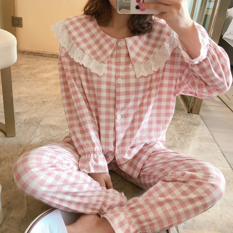 

Princess Style Pajamas Women's Spring And Autumn Long-sleeved Shirt Pure Cotton Cardigan Two-Piece Set Korean-style Fresh Plaid