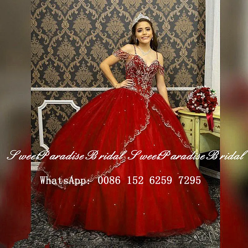 Шикарные платья Quinceanera с хрустальными бусинами Красное фатиновое бальное платье