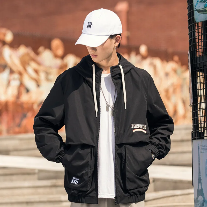

2019 Autumn And Winter Men's New Casual Pocket Decorative Letter Print Hooded Jacket Loose Temperament Trend Cotton