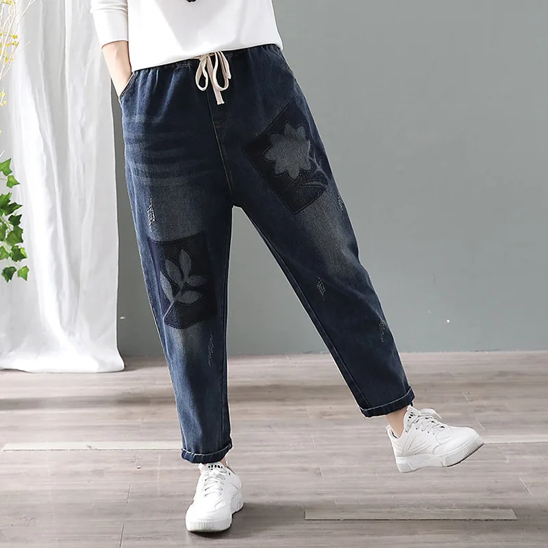 Женские джинсы на осень и зиму, Ретро стиль, эластичный пояс, повседневные джинсовые штаны, новинка, женские винтажные свободные штаны с карманами и завязками - Цвет: Figure 3