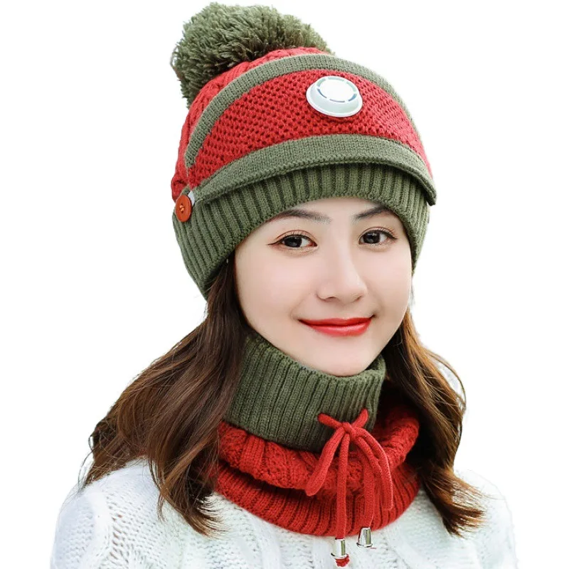 Hat female winter Heating mask neck cap Thickened ear protector knitted cap Korean version riding cap for women/men - Цвет: fruit green