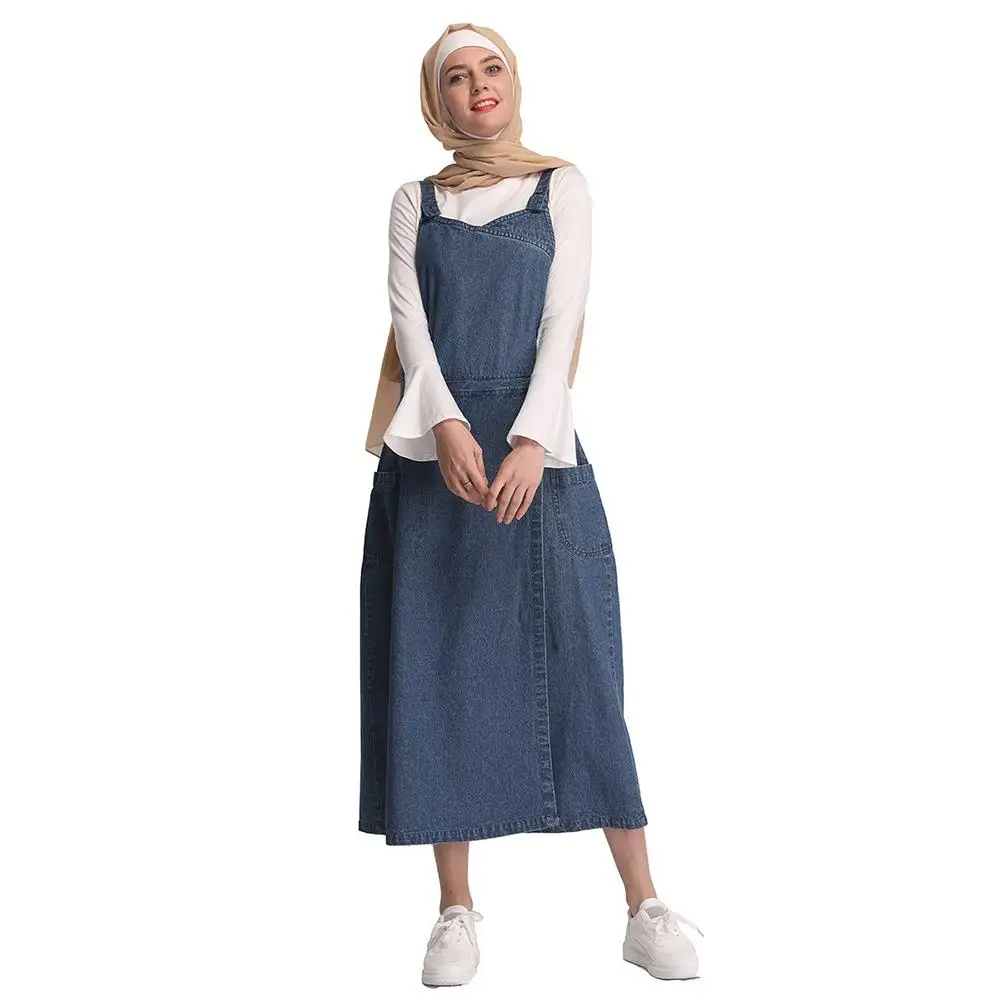 Мусульманское женское джинсовое свободное Макси платье-Сарафан длинное джинсовое платье на бретелях с высокой талией размера плюс мусульманская повседневная одежда Новинка - Цвет: Синий