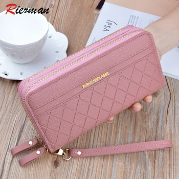

RIEZMAN Wristband Double Zipper Women Long Wallet Large Capacity Wallets Female Coin Purses Card Holder Ladies Clutch Money Bag