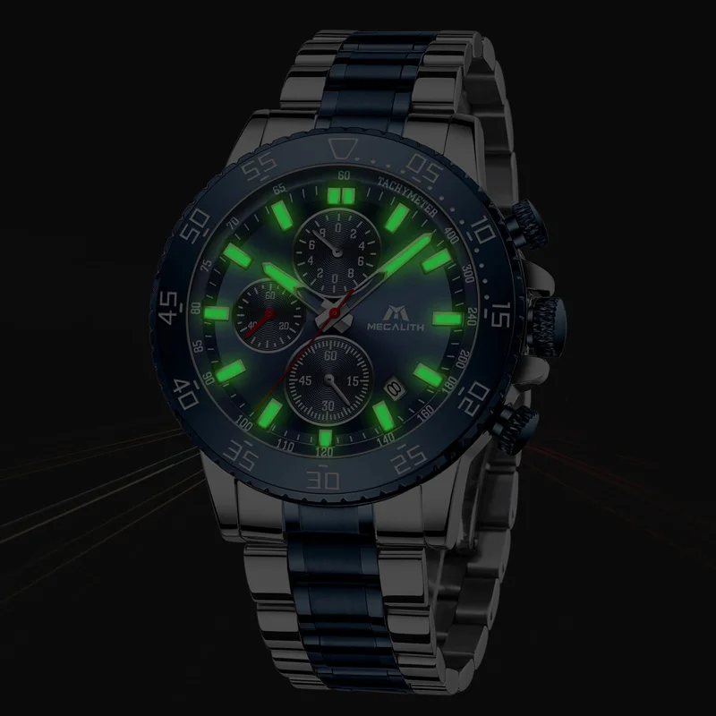 Megalith Watches Mens Waterproof Analogue Clock Stainless Steel Waterproof Luminous Watch Men Sport-4