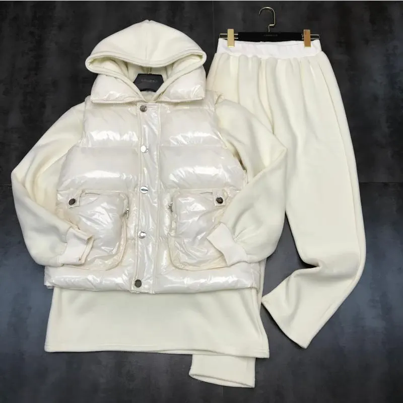 Beige Winter Women's suit new fashion plus velvet color sweater casual pants cotton vest casual three-piece suit Women 3-piece - Цвет: Beige