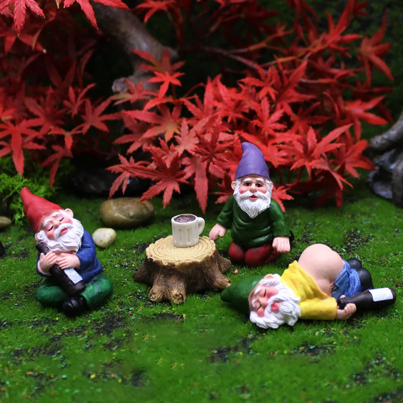 4PCS Fairy Garden Gnomes Accessories My Little Friend Drunk Gnome Dwarfs Statu F 